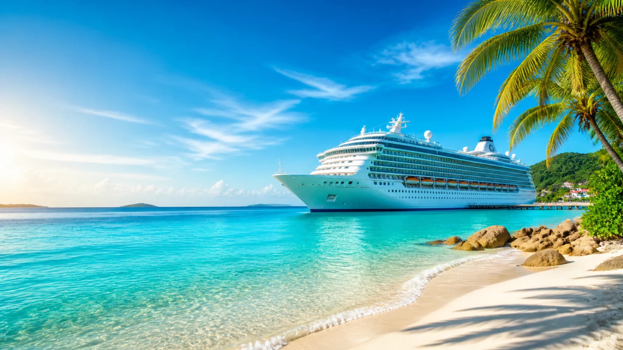 Crucero junto a una playa tropical de agua turquesa